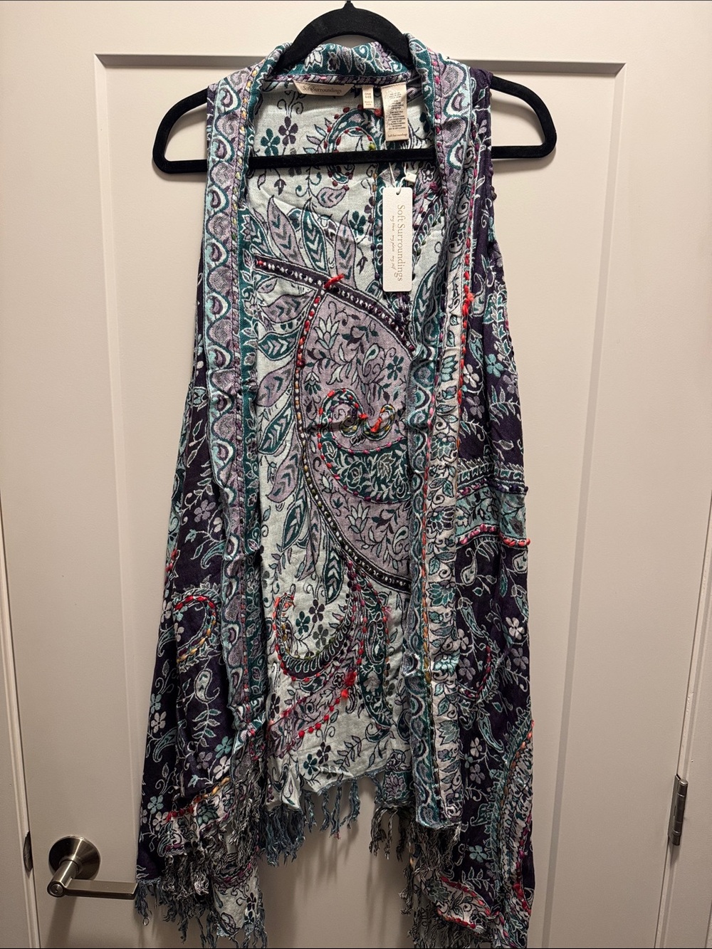 🆕 Soft Surroundings by Raj Teal & Purple Boho Shawl Vest w Fringe. OS. NWT!🔥🔥
